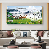 马到成功办公室装 饰画挂钟八骏图沙发背景墙壁画时钟轻奢风景画