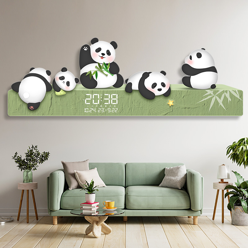熊猫装饰画电子时钟创意奶油风钟