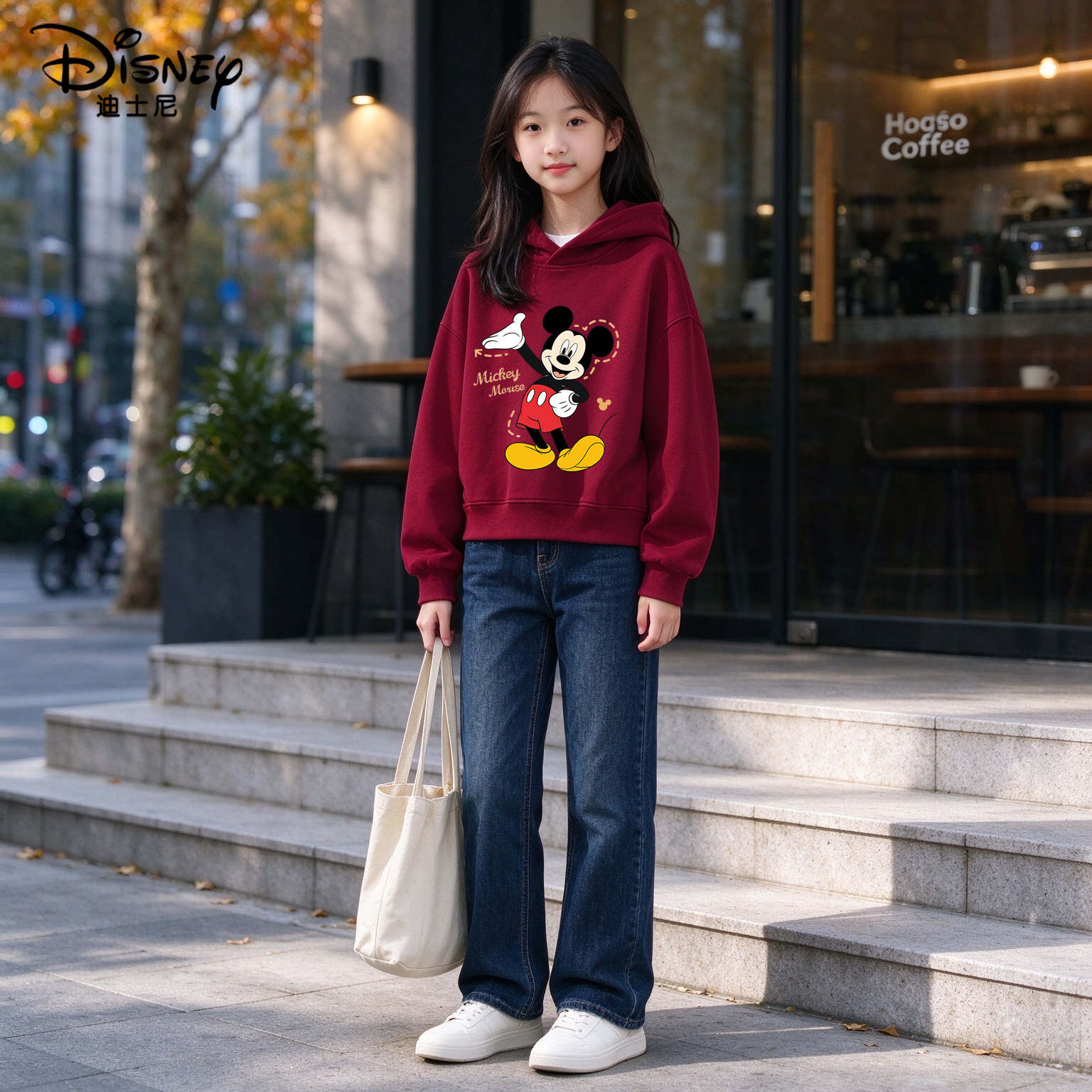 迪士尼儿童卫衣男女童加绒连帽新年红色米奇班服儿童元旦新年卫衣