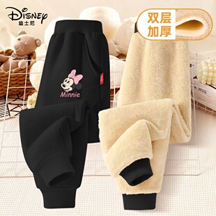 迪士尼儿童加绒裤子男童冬季加厚绒男女童保暖加厚双层校园冬装裤