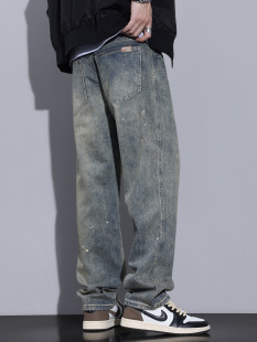 Kuvine秋季美式高街复古做旧泼墨水洗牛仔裤男款宽松直筒阔腿长裤