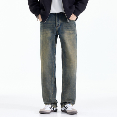 Kuvine宽松直筒复古做旧牛仔裤男