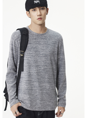 Kuvine秋季新款灰色长袖T恤男宽松时尚休闲潮流圆领体恤上衣男士