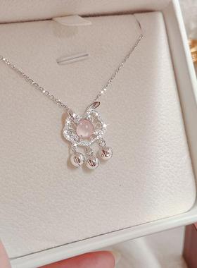S999纯银平安锁项链女粉水晶吊坠轻奢小众2024新款生日礼物送女友