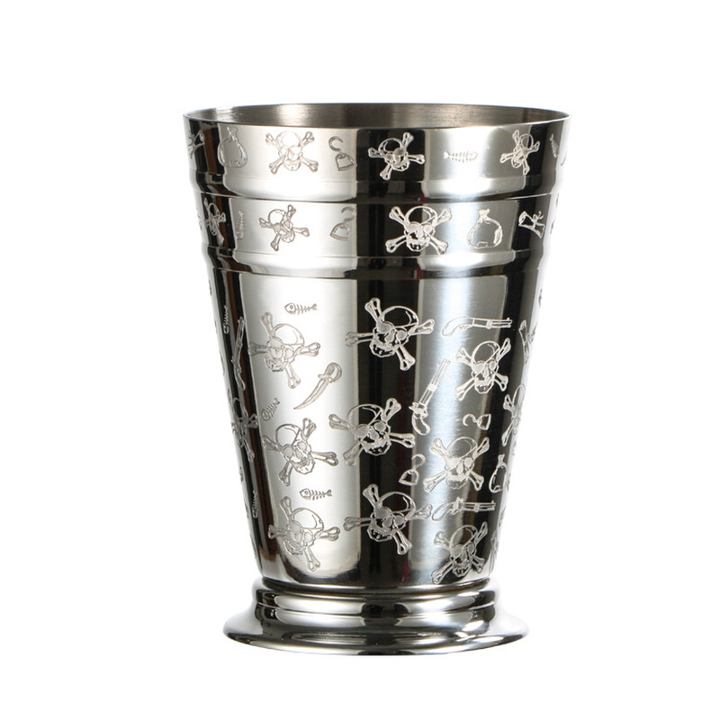 批发400ml 304不锈钢锥形双线朱丽普杯julep cup 骷髅头蚀刻图案