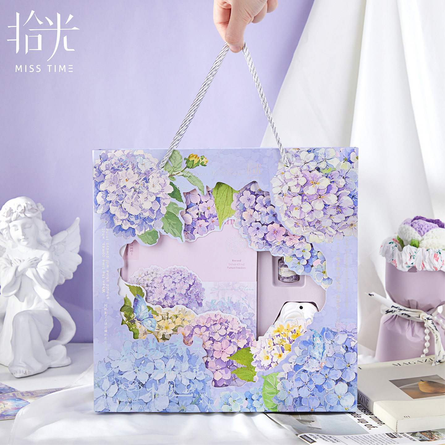 拾光A5精装笔记本礼盒套装烫金腰封设计立体多层礼盒绣球花手提袋学