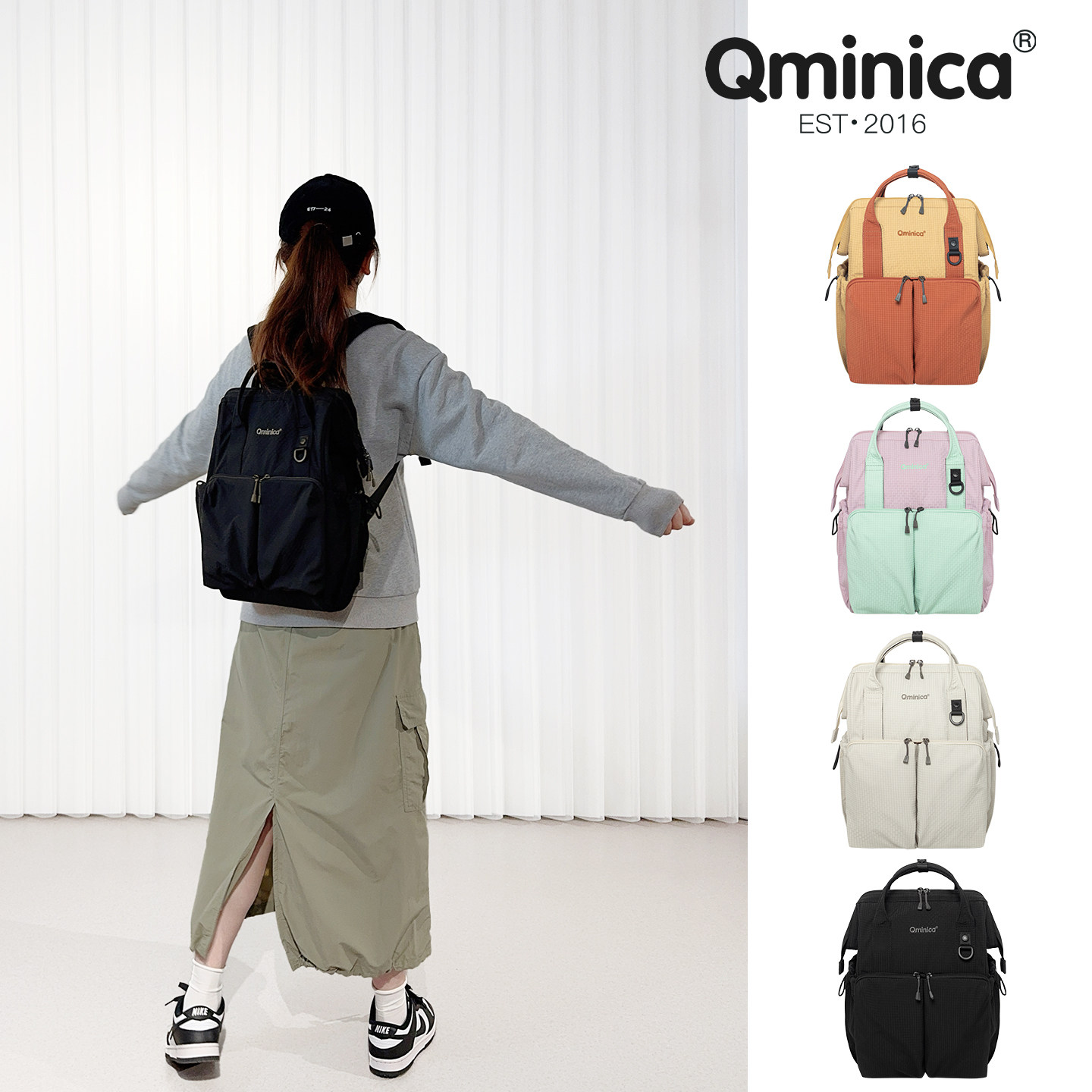 Qminica双肩包女大容量15寸电脑包通勤背包学生书包多口袋妈咪包图片