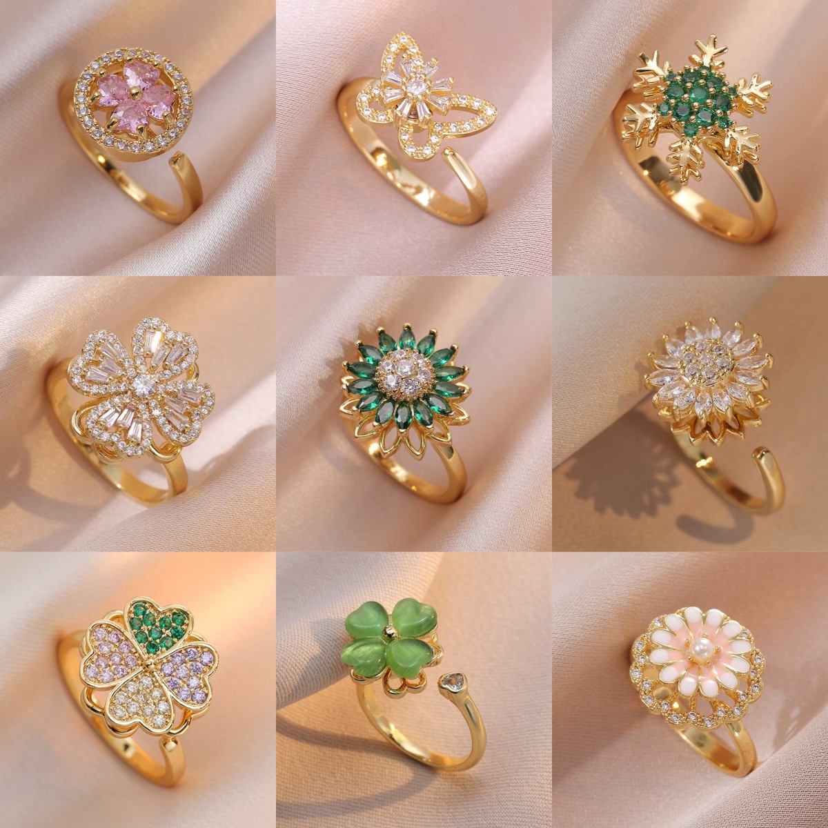 欧美旋转戒指女微镶锆石气质气质冷淡百搭满钻圆形四叶草戒指