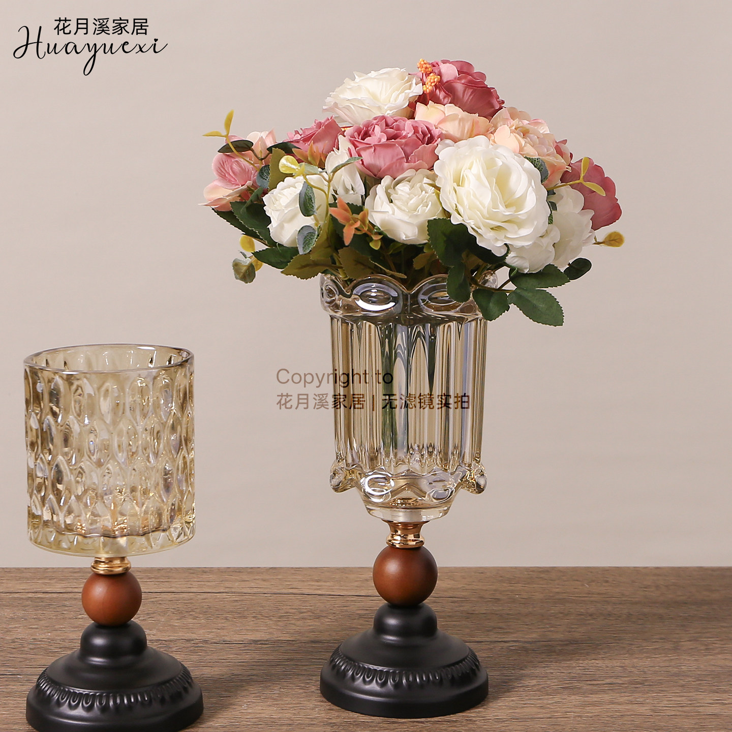 法式中古风玻璃实木花瓶玄关餐厅图片