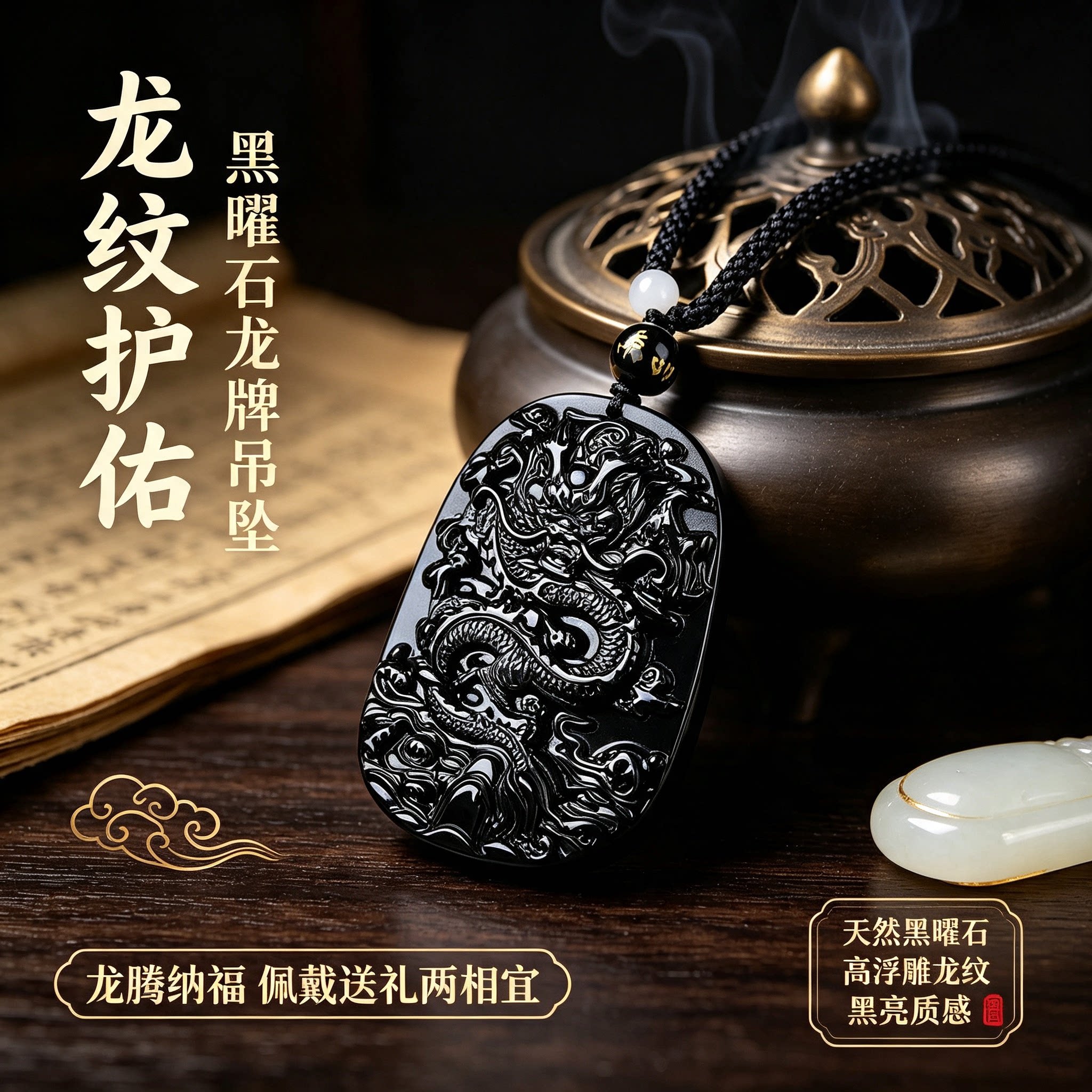正品天然黑曜石龙牌吊坠男士本命年转运挂件项链情人节送男友礼物图片