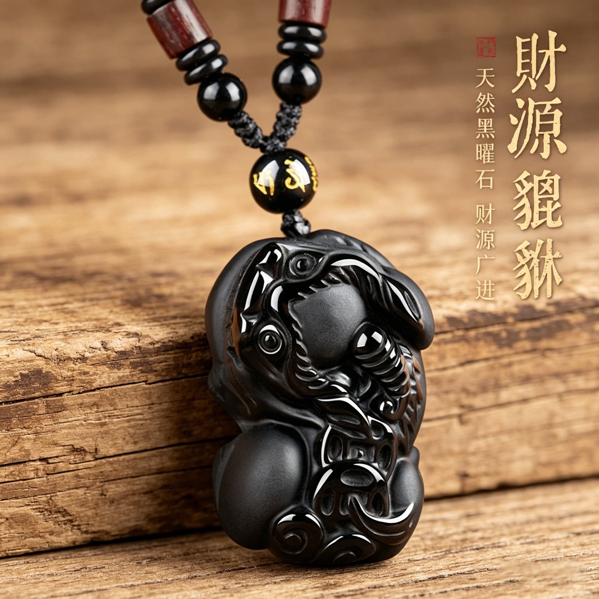 正品天然黑曜石貔貅吊坠男女款属马本命年护身符挂件情侣项链礼物