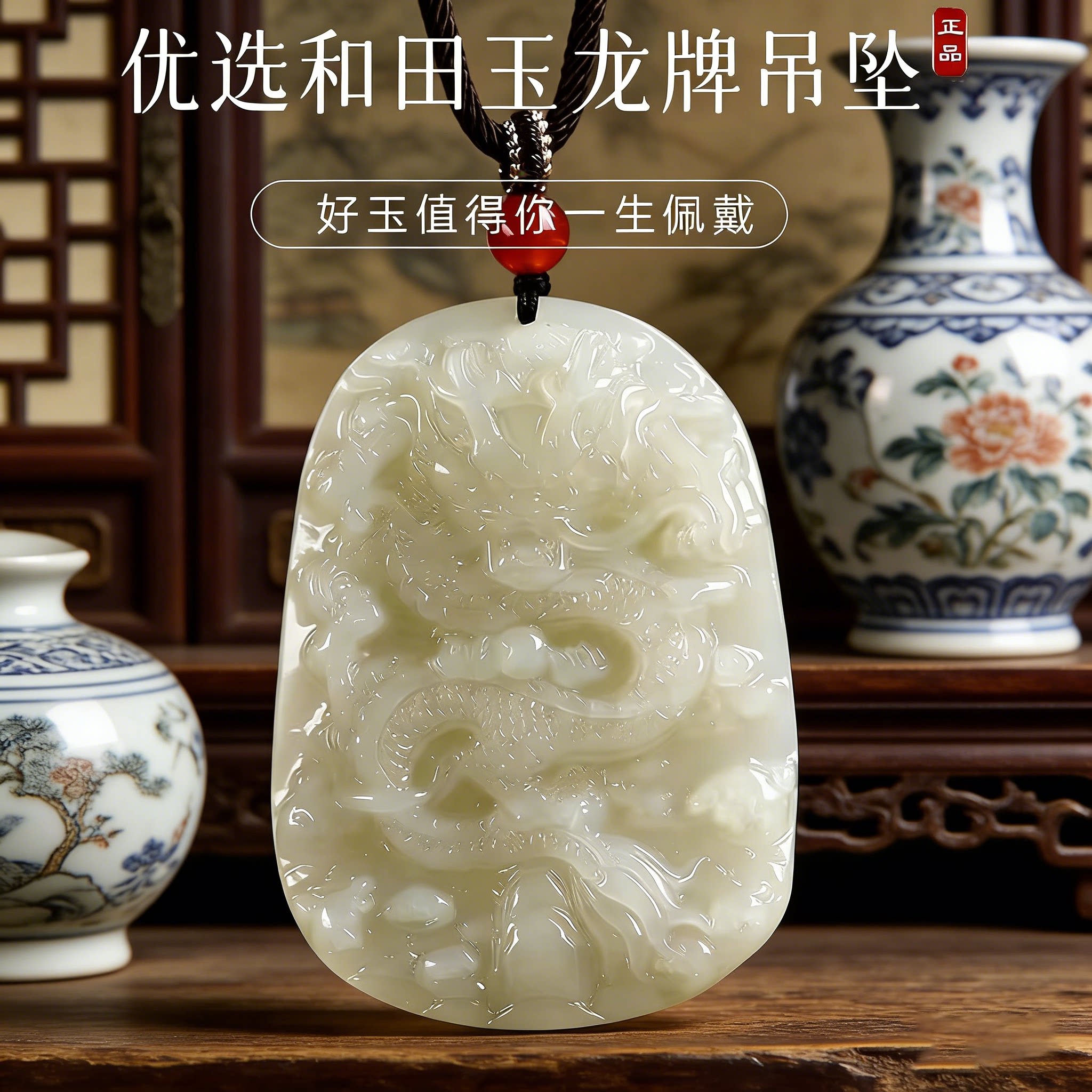 天然保真和田玉龙牌吊坠男女款图片