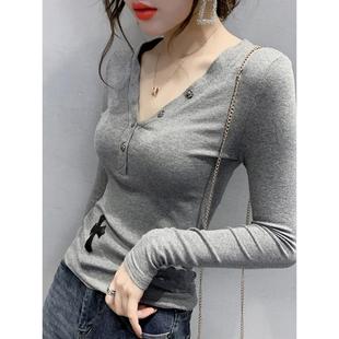 t恤女2025春季 纯棉打底衫 新款 显瘦薄款 设计感内搭上衣修身 V领长袖