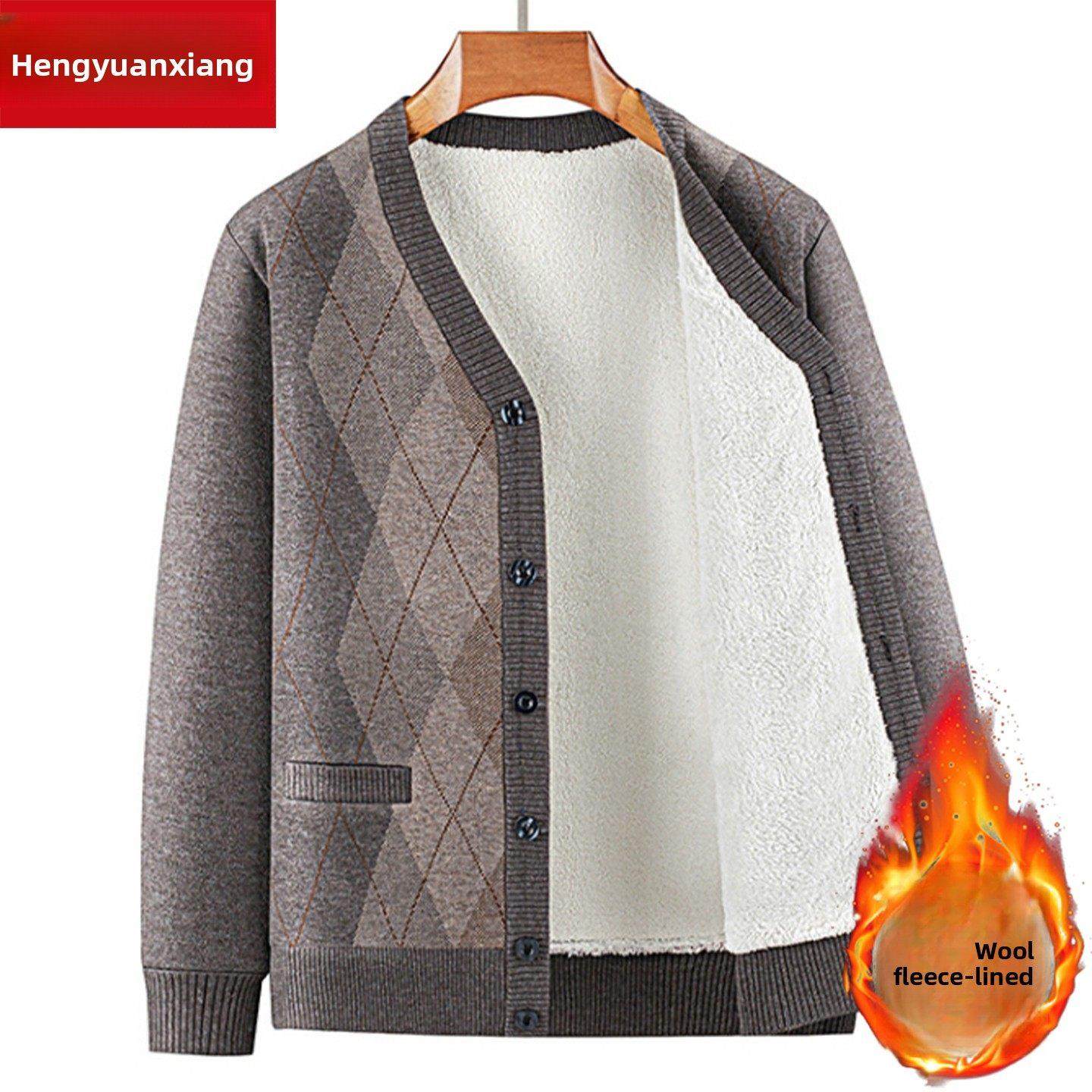 恒源祥羊毛开衫菱形中老年男爸爸新款羊毛衫冬季加绒加厚老人毛衣