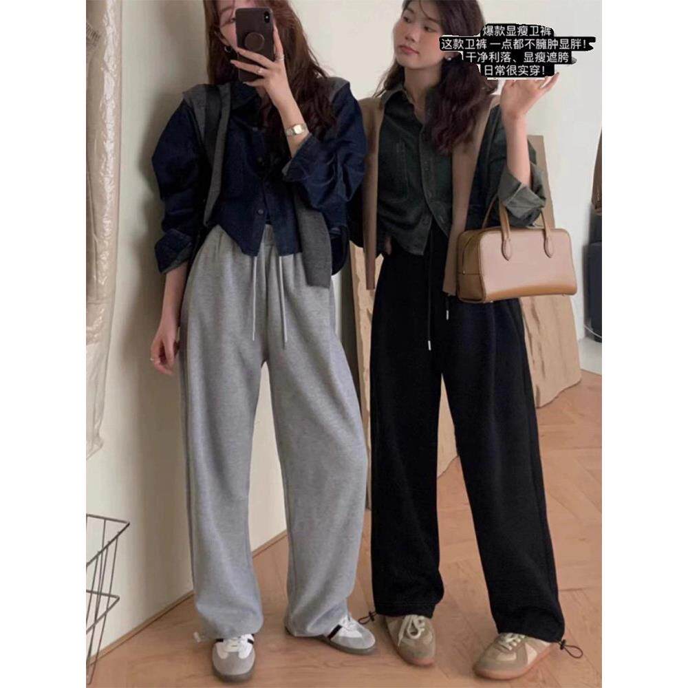 灰色运动裤女小个子秋冬新款高腰窄版直筒裤显高休闲抽绳加绒卫裤