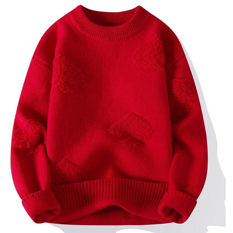 恒源祥冬季圆领本命年毛衣男大码宽松加厚红色打底针织线衣羊毛衫