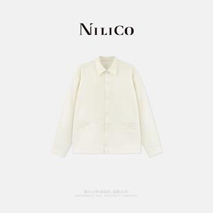 宽松长袖 NILICO 领外套女春季 松弛感老钱棉质休闲衬衫 上衣 白羽