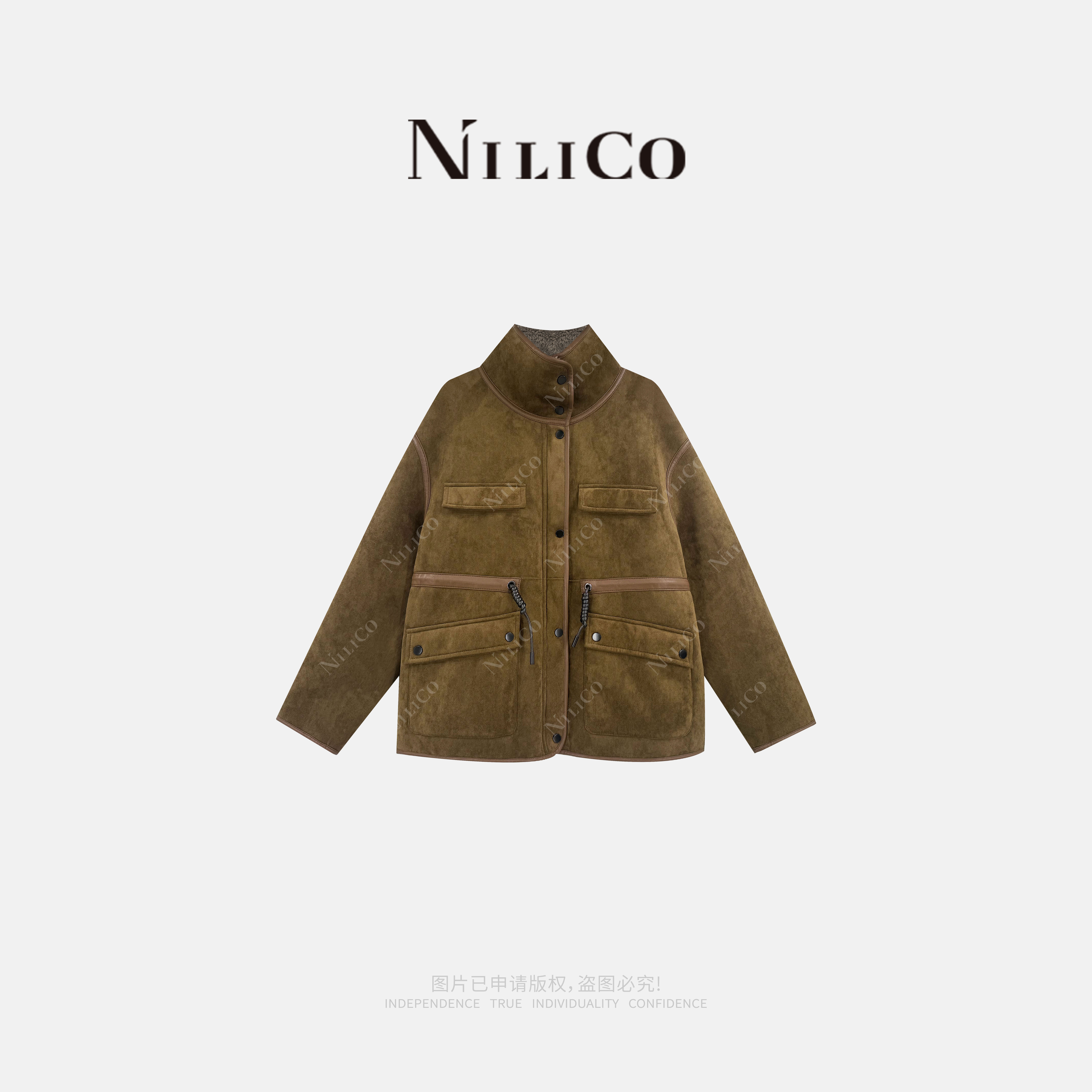 NILICO陈媚【阿拉斯加】老钱风摩卡色抽绳秋冬环保厚皮毛一体外套