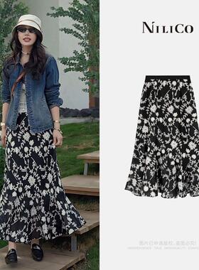 NILICO【蔓语】重工刺绣黑白优雅半裙