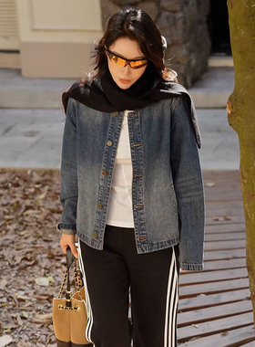 NILICO陈媚【花样年华】复古棉竹节纹洗水做旧翻领百搭牛仔外套女