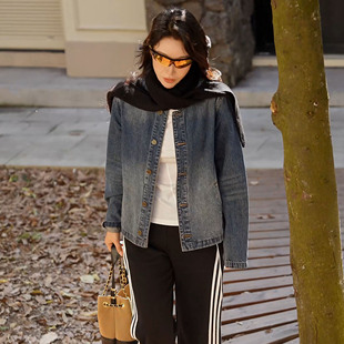 NILICO陈媚 复古棉竹节纹洗水做旧翻领百搭牛仔外套女 花样年华