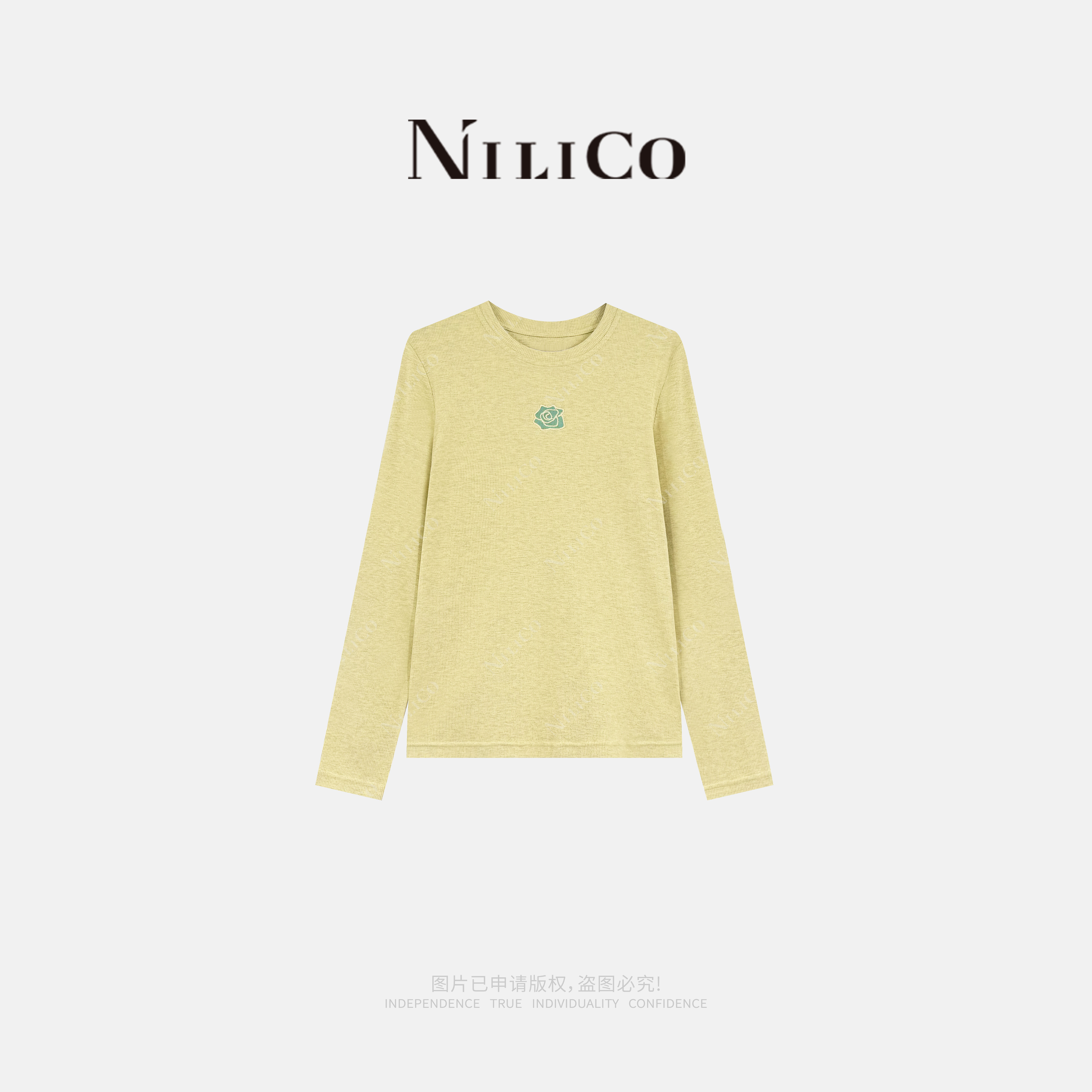 NILICO陈媚【玫瑰】圆领坑条镂空上衣绣花针织女春季宽松长袖T恤