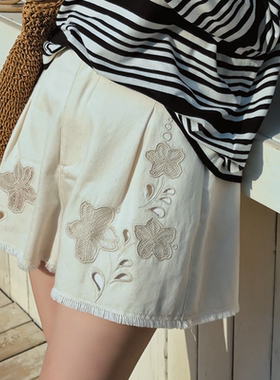 NILICO陈媚【仙女下凡】白色刺绣高腰显瘦A字宽松阔腿裤短裤女夏