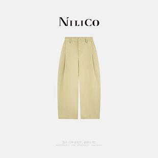 NILICO【素影】卡其色棉混纺老钱风褶皱弯刀裤女夏季休闲阔腿裤