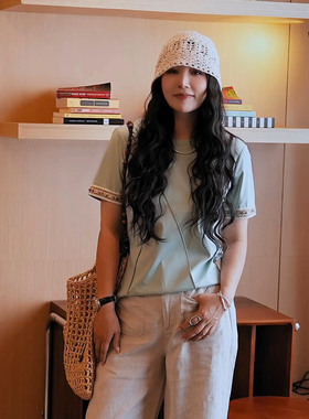 NILICO陈媚【清凉一夏】冰爽面拼接钉珠织带T恤