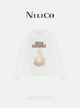 NILICO【画境】重工绣花印花百搭长袖T恤