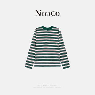 NILICO陈媚大版【竹序】学院风慵懒松弛感绿白条纹长袖女T恤