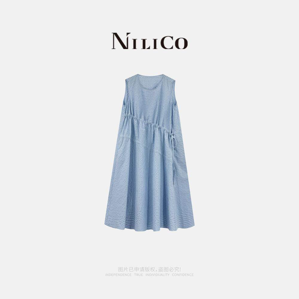 NILICO【碧空】提花小格子文艺小众无袖连衣裙女夏季宽松背心裙子