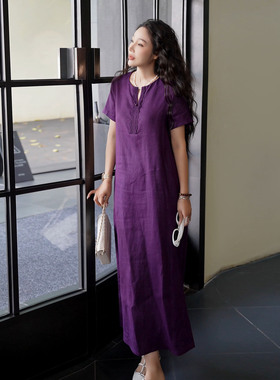 NILICO陈媚【紫气东来】老钱风全亚麻新国风中式紫色宽松连衣裙女