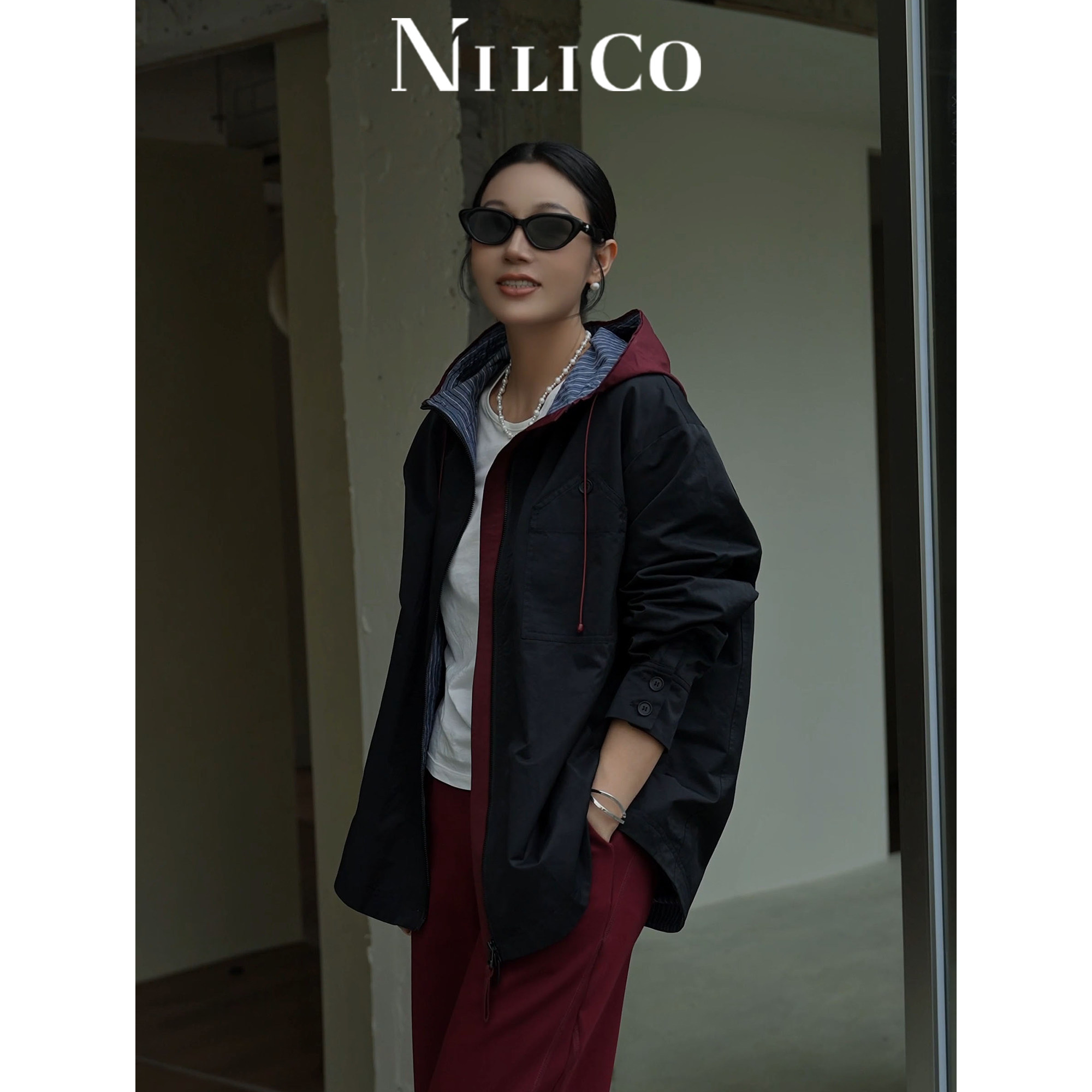 NILICO陈媚【不羁的风】山系户外廓形设计撞色连帽风衣外套