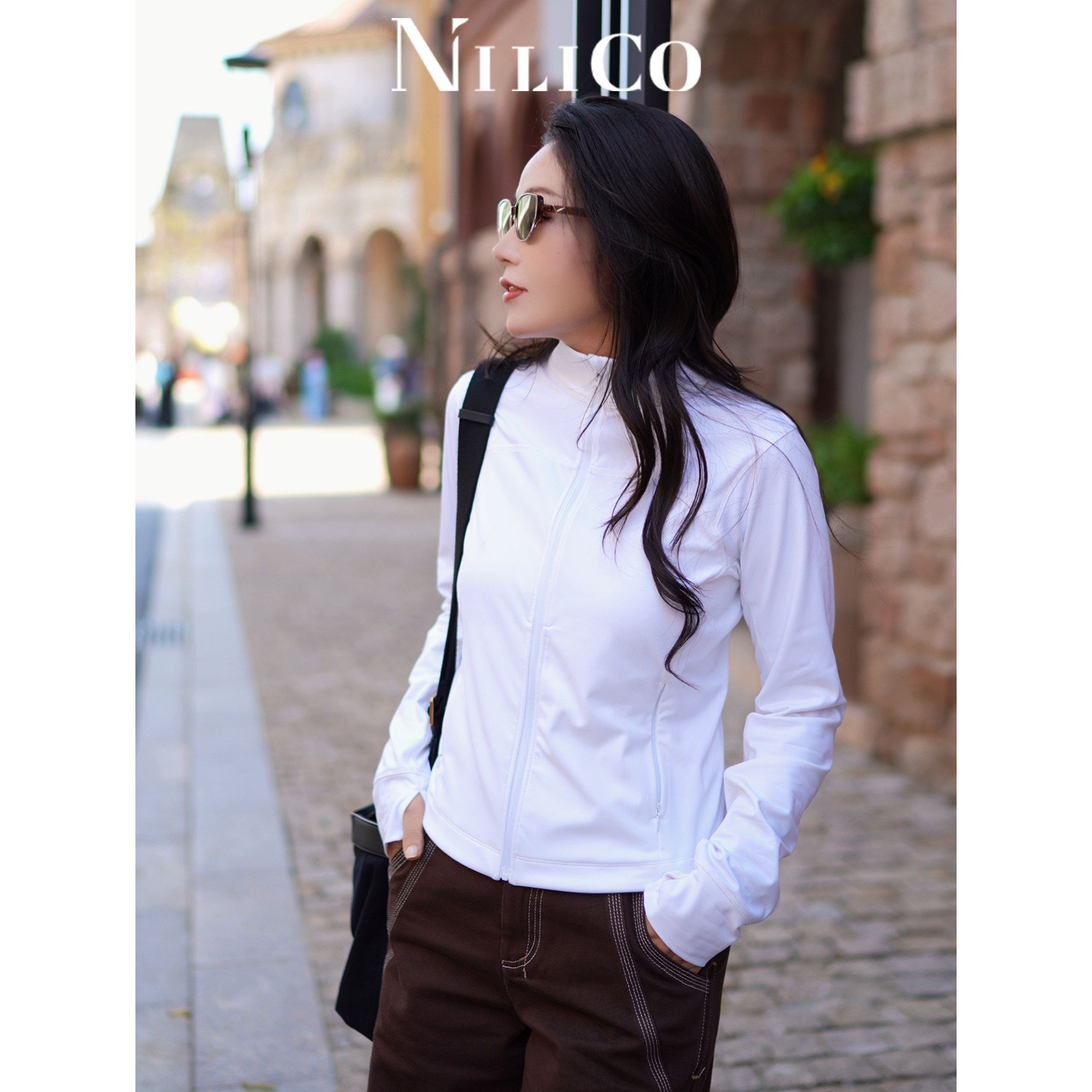 NILICO陈媚【悦动】白色立领轻运动长袖女春季修身短款骑行服外套