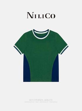 NILICO【青岚】拼色条纹领休闲百搭T恤