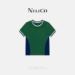 显瘦设计感短袖 拼色条纹领休闲百搭T恤女夏季 上衣 青岚 NILICO