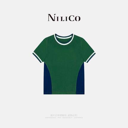 NILICO陈媚【青岚】拼色条纹领休闲T恤女夏季显瘦设计感短袖上衣