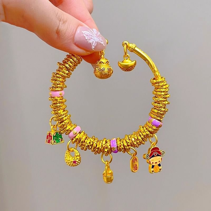 沙金盘缠手镯新中式古法金色小财神金坨坨吊坠多宝手链春节礼物