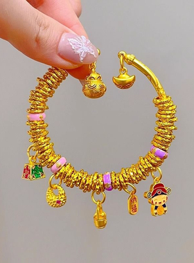 沙金盘缠手镯新中式古法金色小财神金坨坨吊坠多宝手链春节礼物