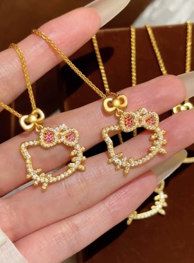 古法沙金蝴蝶结猫咪吊坠闺蜜链条满钻项链女百搭锁骨链镶钻可爱
