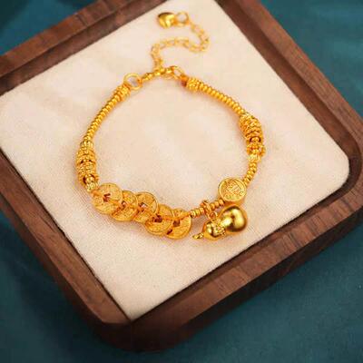 电镀18k黄金色 五帝钱手链盘缠铜钱招财五钱币发财好运葫芦串子女