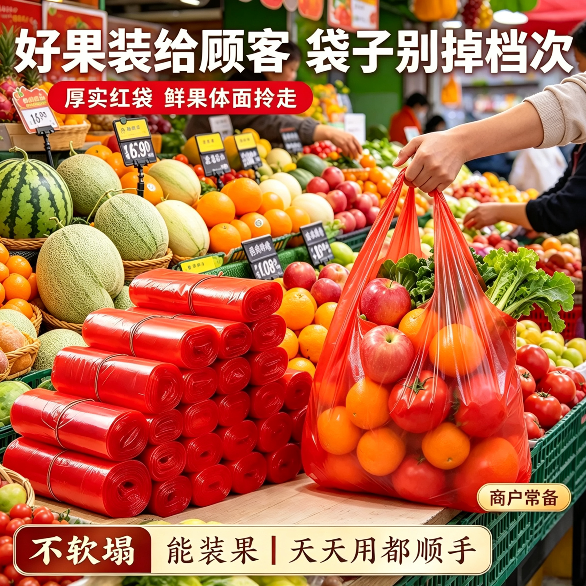 红色加厚PE果蔬袋背心袋生鲜门店商用散称称重防漏汁打包袋塑料袋