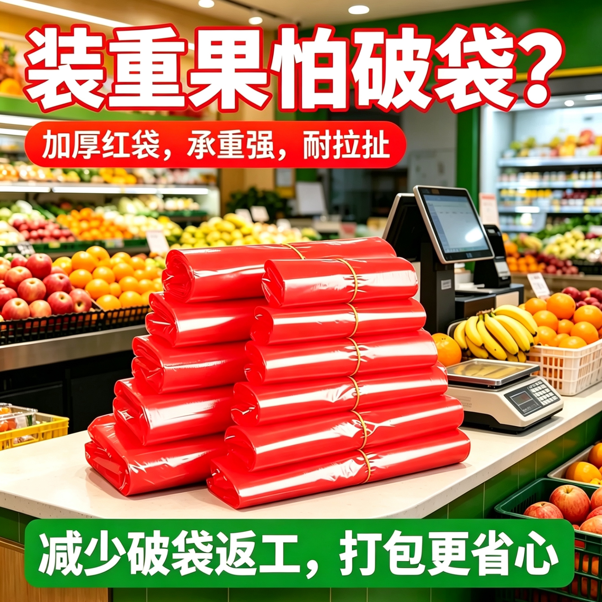 红色 PE 背心塑料袋生鲜水果店商用打包袋加厚耐拉扯装果防漏批发