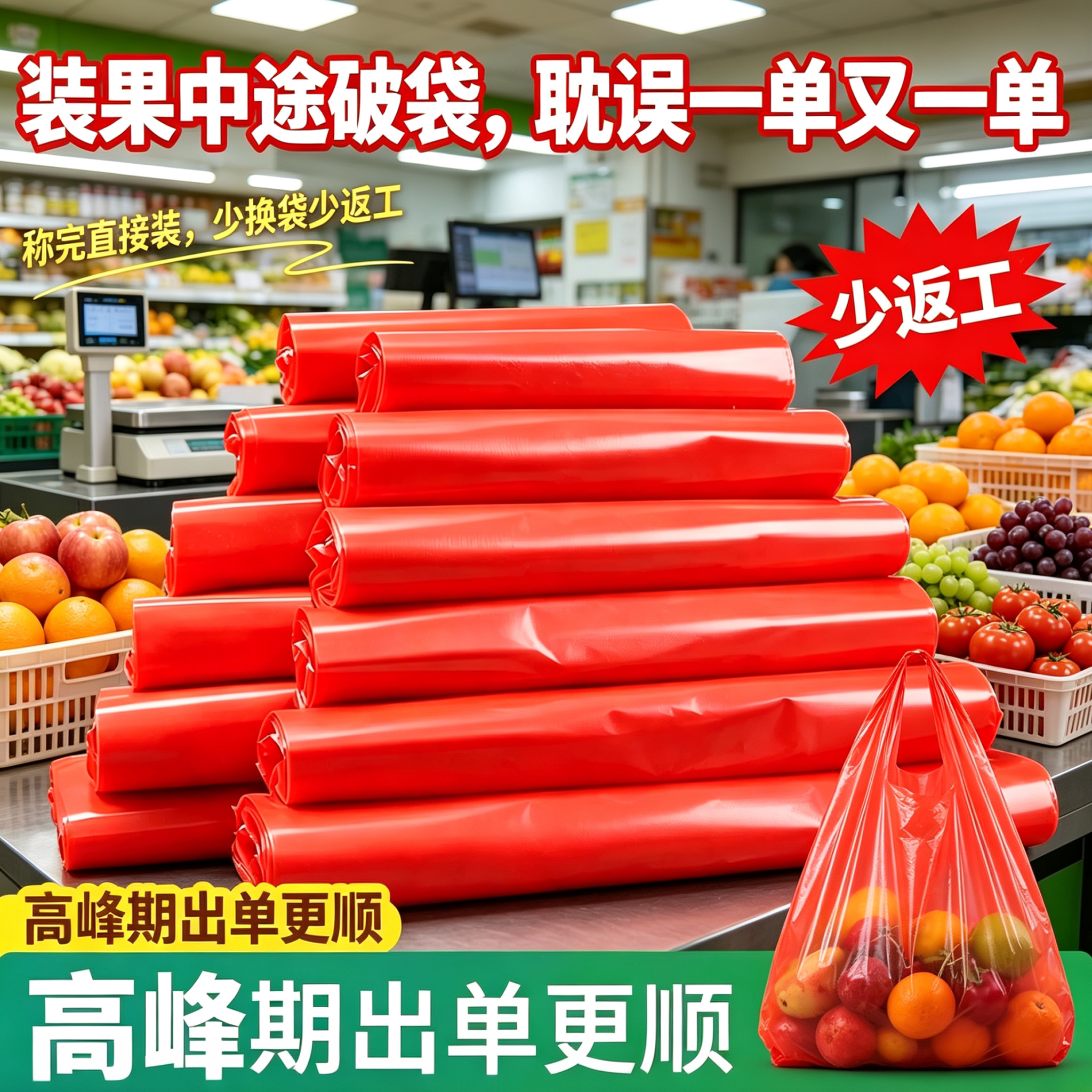 生鲜店果蔬打包红色手提背心袋加厚 PE 塑料袋水果店商户采购袋子