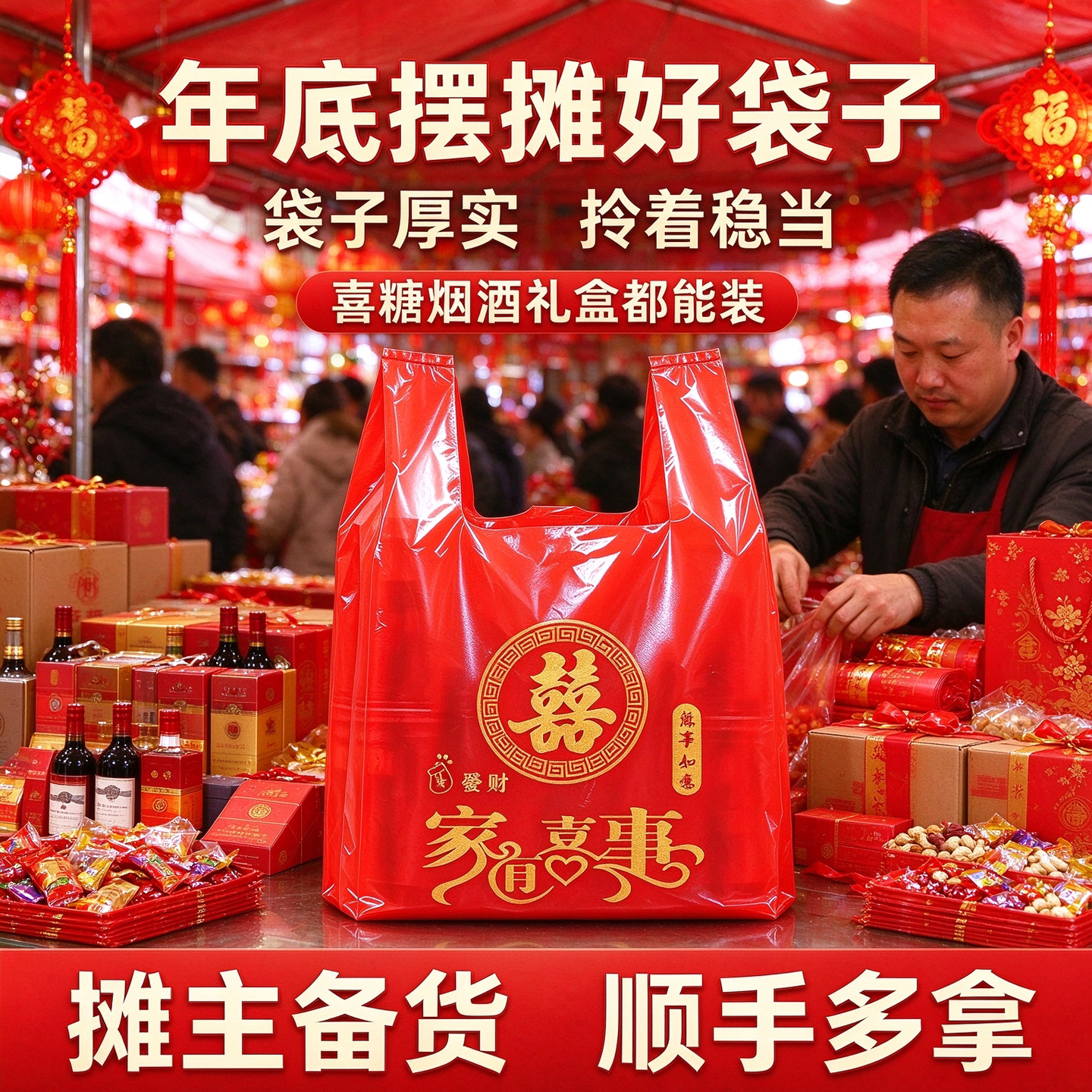 新春礼盒配套红福背心袋副食商铺备货过年送礼商用喜庆打包塑料袋