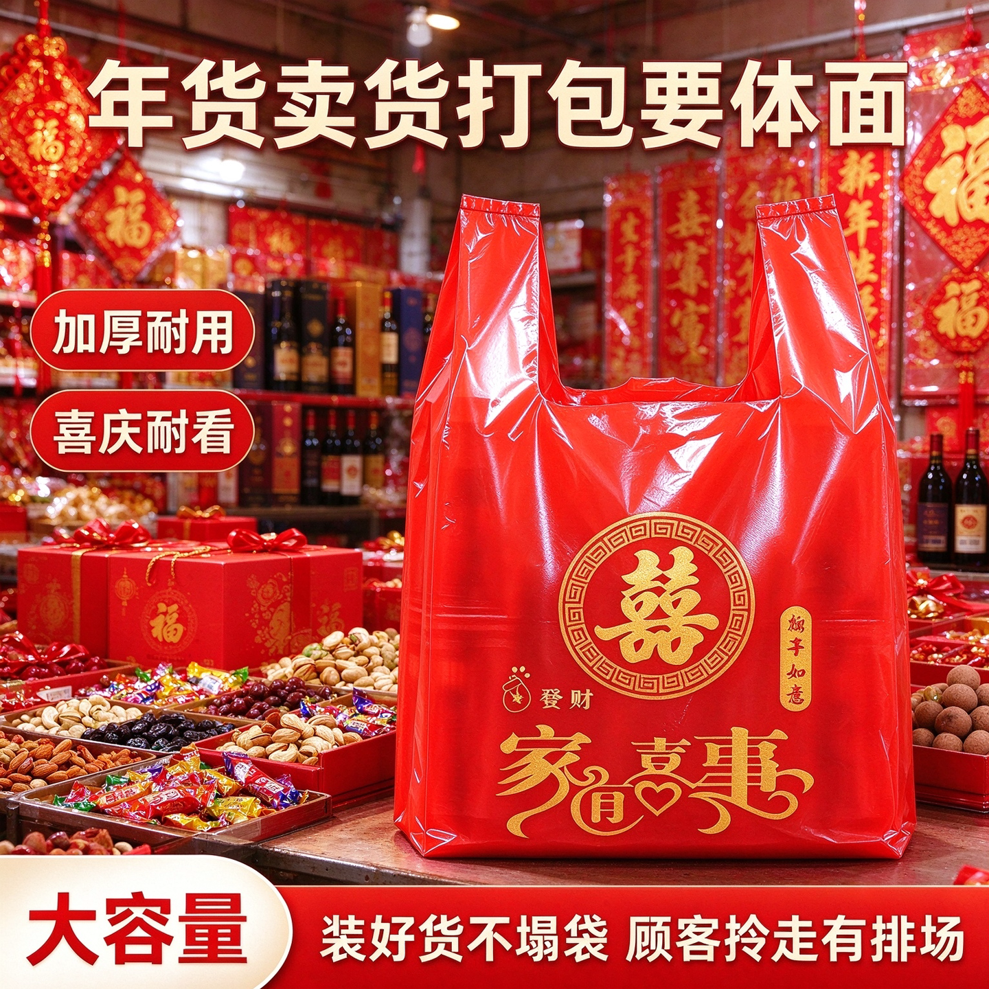 新春走礼打包红喜背心袋商超副食专用烫金图案年货礼品塑料方便袋