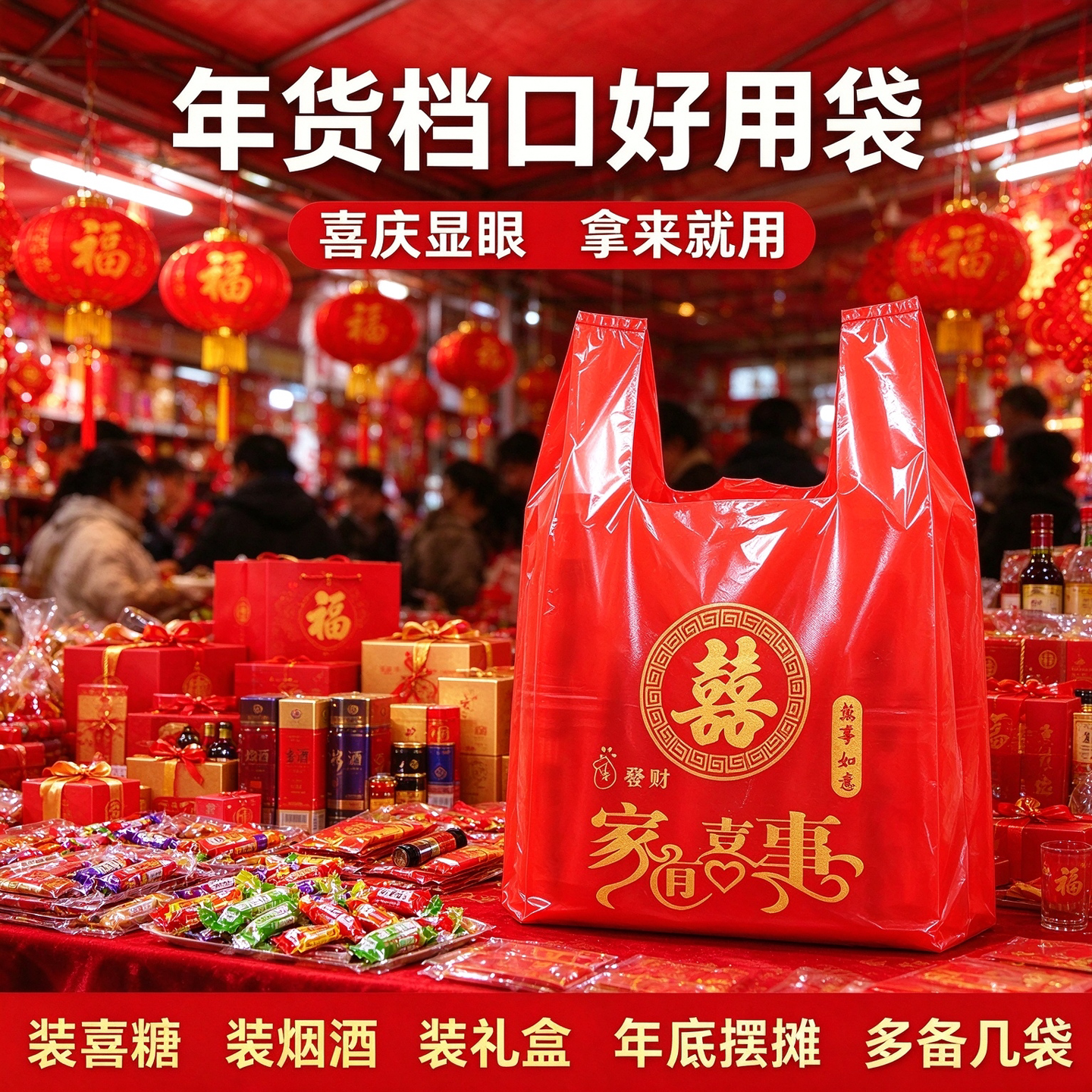摆摊年货用金福红背心袋加厚韧性好土特产腊味礼品打包手提塑料袋