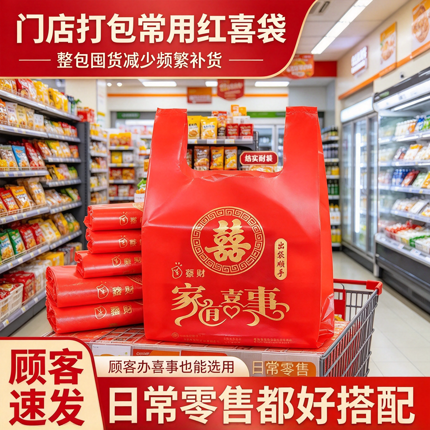 红色喜袋结婚大号手提塑料袋婚庆喜事礼品打包袋喜糖背心式方便袋