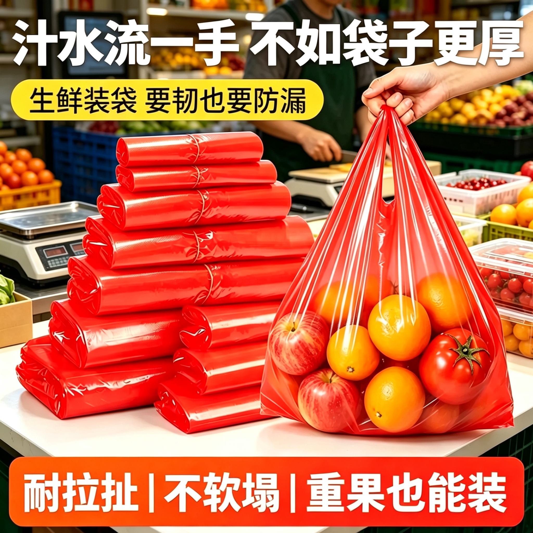 红色手提塑料袋生鲜水果店商用果蔬打包袋加厚抗撕裂防漏PE背心袋